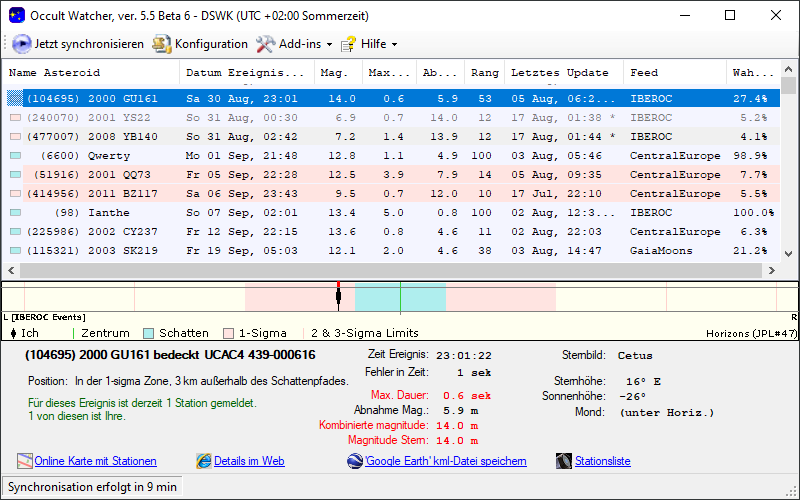 Asteroid (104695) 2000 GU161 in OccultWatcher - Screenshot