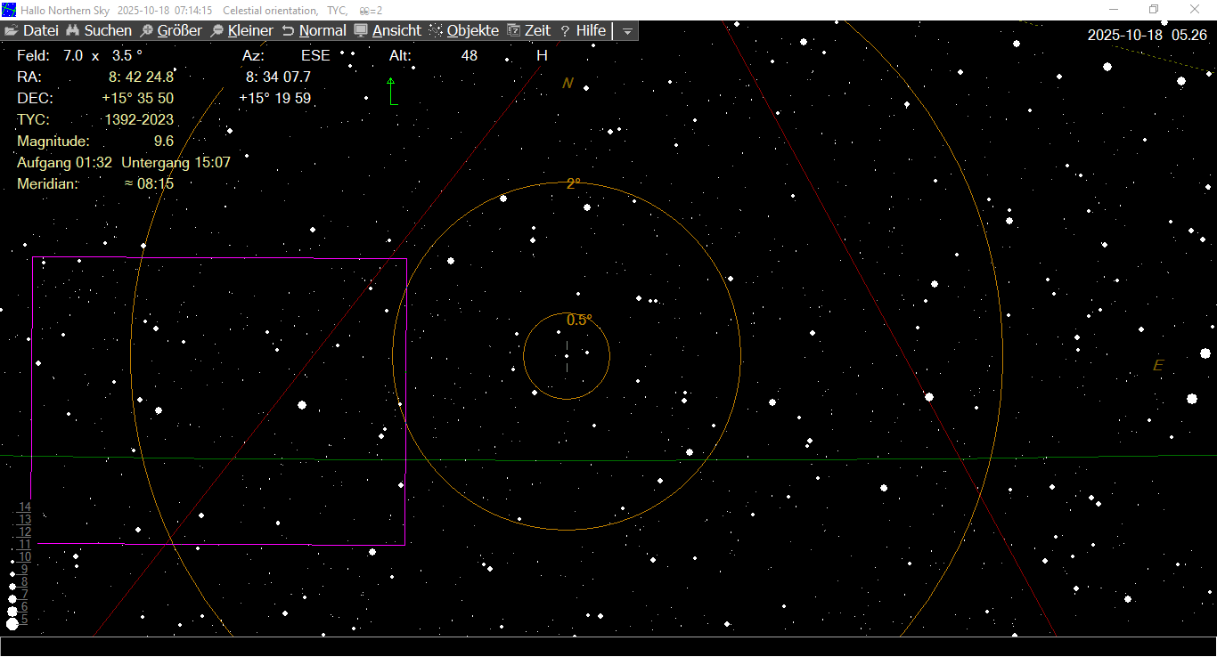 HNSky mit markiertem Zielstern und aufgenommenem Feld