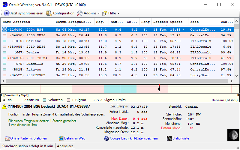 Asteroid (246049) 2006 UR231 in OccultWatcher - Screenshot