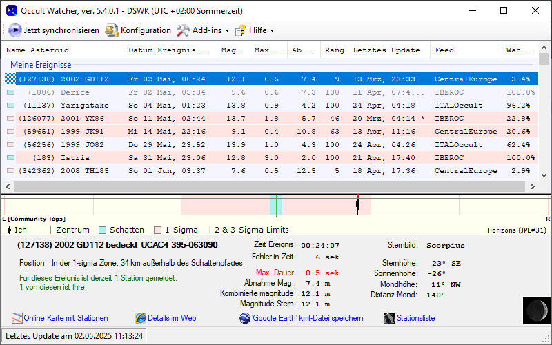 Asteroid (127138) 2002 GD112 in OccultWatcher - Screenshot