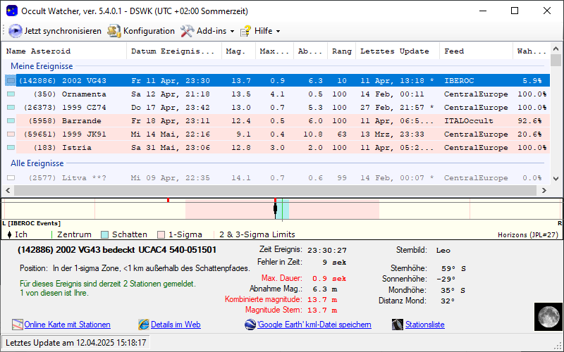 Asteroid (142886) 2002 VG43 in OccultWatcher - Screenshot