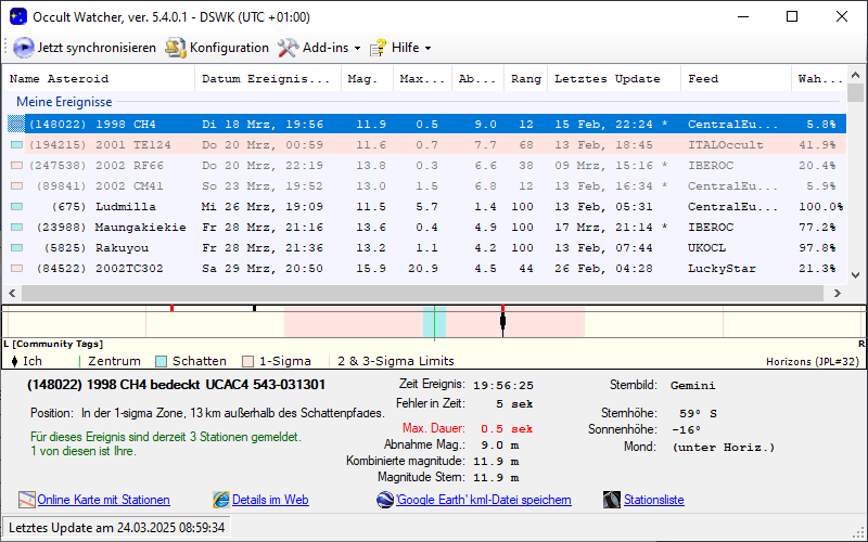 Asteroid (148022) 1998 CH4 in OccultWatcher - Screenshot