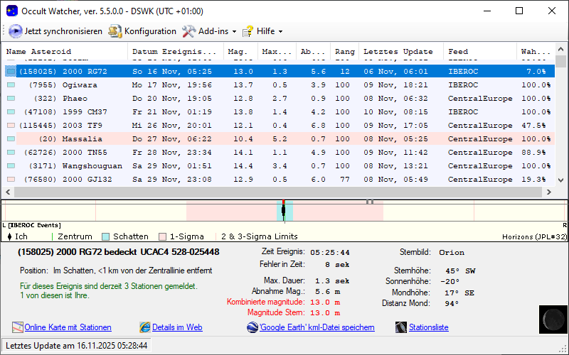 Asteroid (158025) 2000 RG72 in OccultWatcher - Screenshot