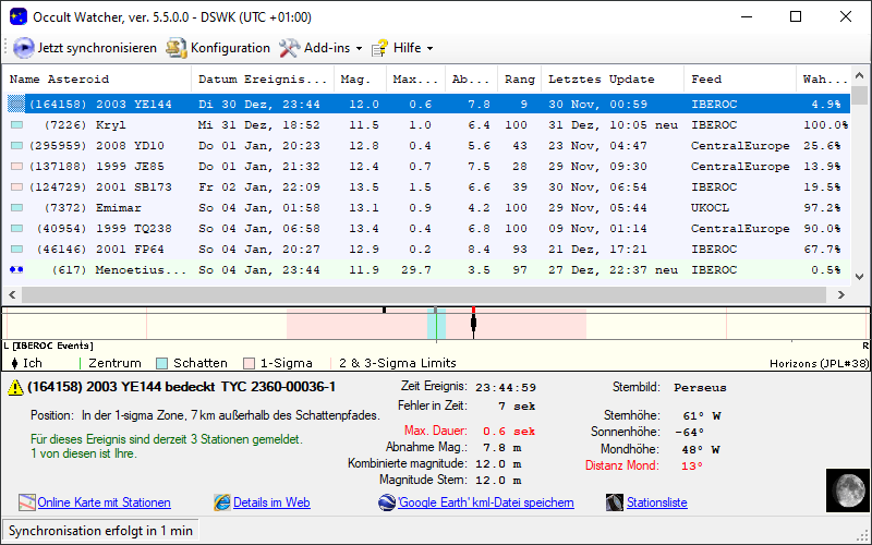 Asteroid (164158) 2003 YE144 in OccultWatcher - Screenshot