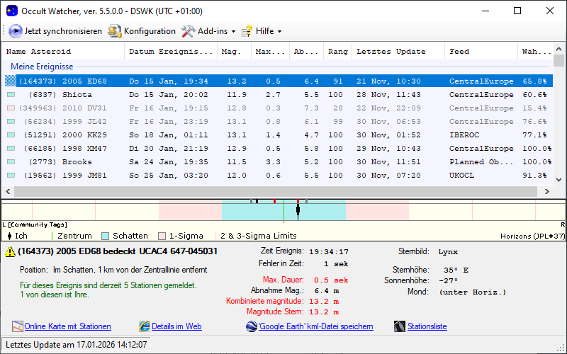 Asteroid (164373) 2005 ED68 in OccultWatcher - Screenshot