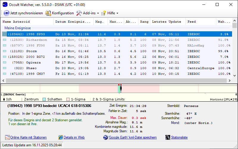 Asteroid (189442) 1998 SP93 in OccultWatcher - Screenshot