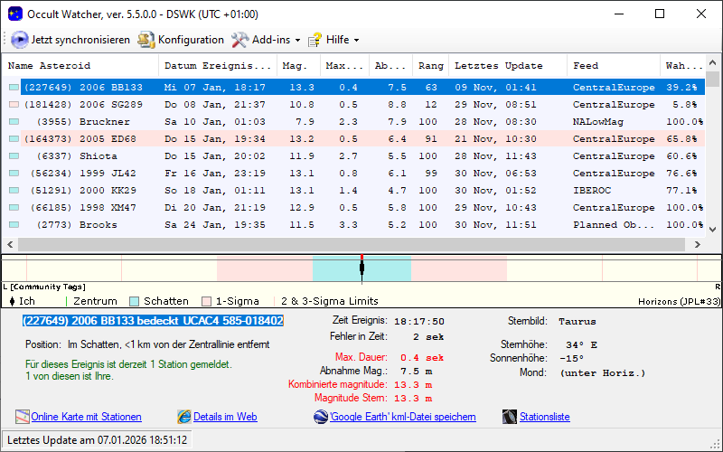 Asteroid (227649) 2006 BB133 in OccultWatcher - Screenshot