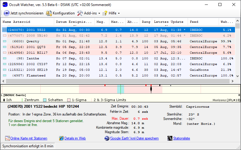 Asteroid (240070) 2001 YS22 in OccultWatcher - Screenshot