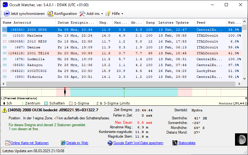 Asteroid (246049) 2006 UR231 in OccultWatcher - Screenshot