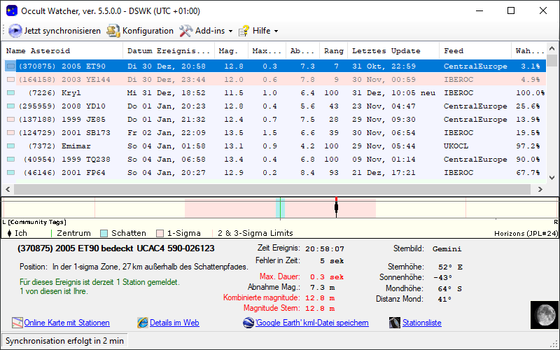 Asteroid (370875) 2005 ET90 in OccultWatcher - Screenshot