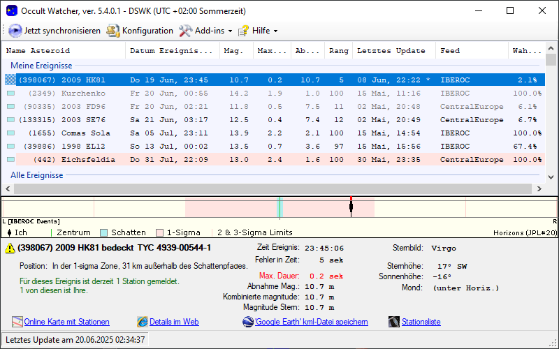 Asteroid (398067) 2009 HK81 in OccultWatcher - Screenshot
