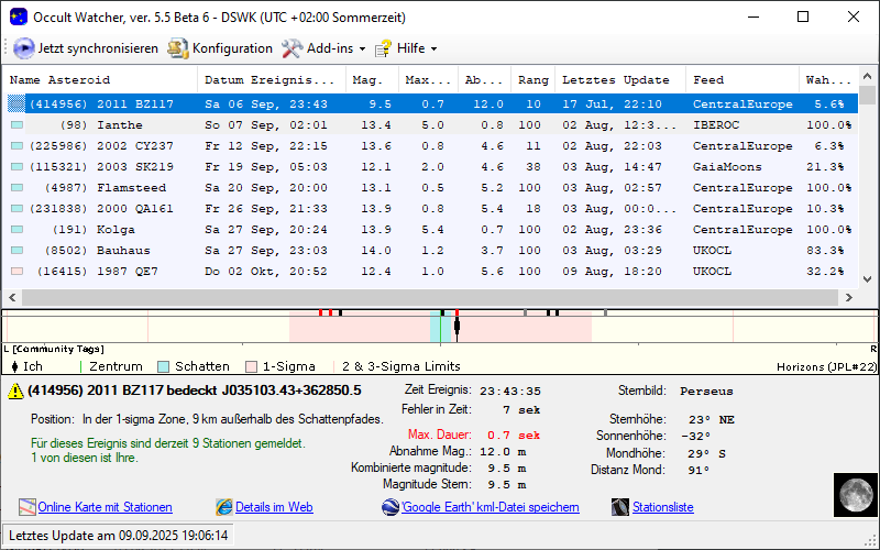 Asteroid (414956) 2011 BZ117 in OccultWatcher - Screenshot