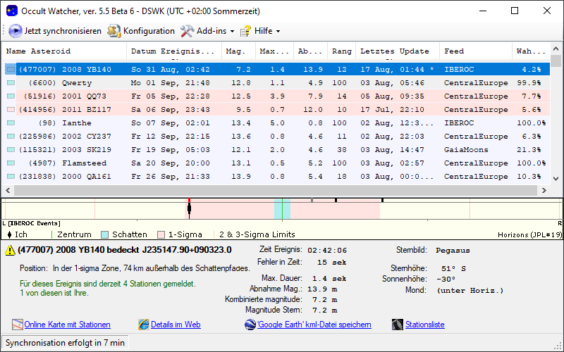 Asteroid (477007) 2008 YB140 in OccultWatcher - Screenshot