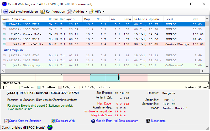 Asteroid (74431) 1999 BK12 in OccultWatcher - Screenshot