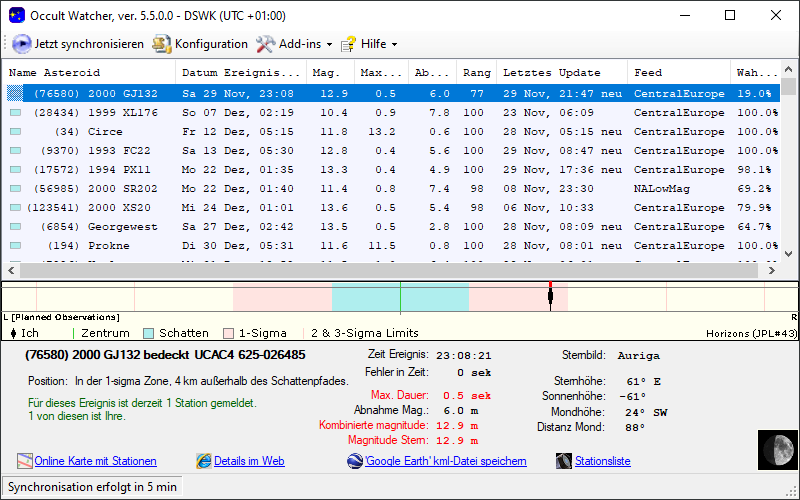Asteroid (76580) 2000 GJ132 in OccultWatcher - Screenshot
