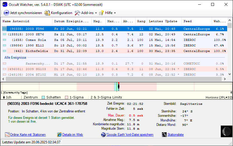 Asteroid (90335) 2003 FD96 in OccultWatcher - Screenshot