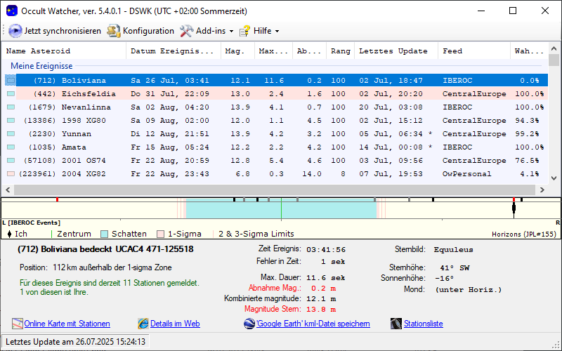 Asteroid (712) Boliviana in OccultWatcher - Screenshot