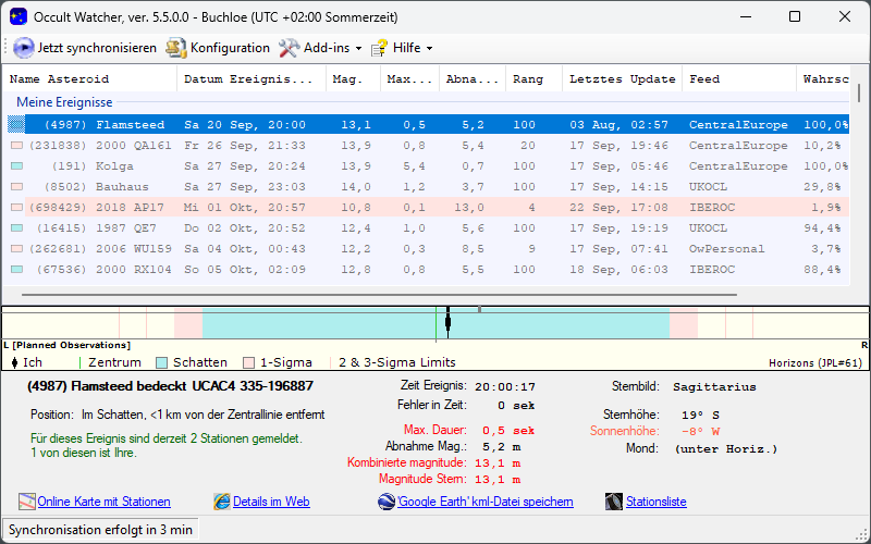 Asteroid (4987) Flamsteed in OccultWatcher - Screenshot