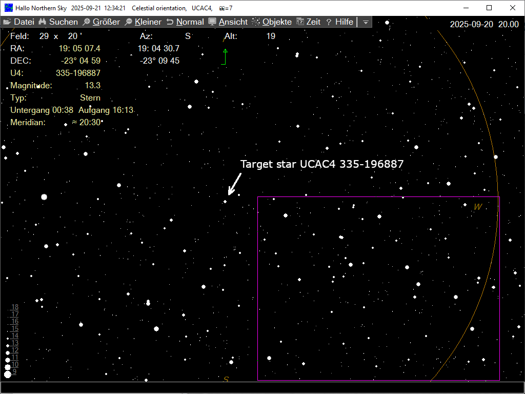 Ausschnitt aus HNSky mit eingezeichnetem Bildfeld der Kamera und markiertem Zielstern